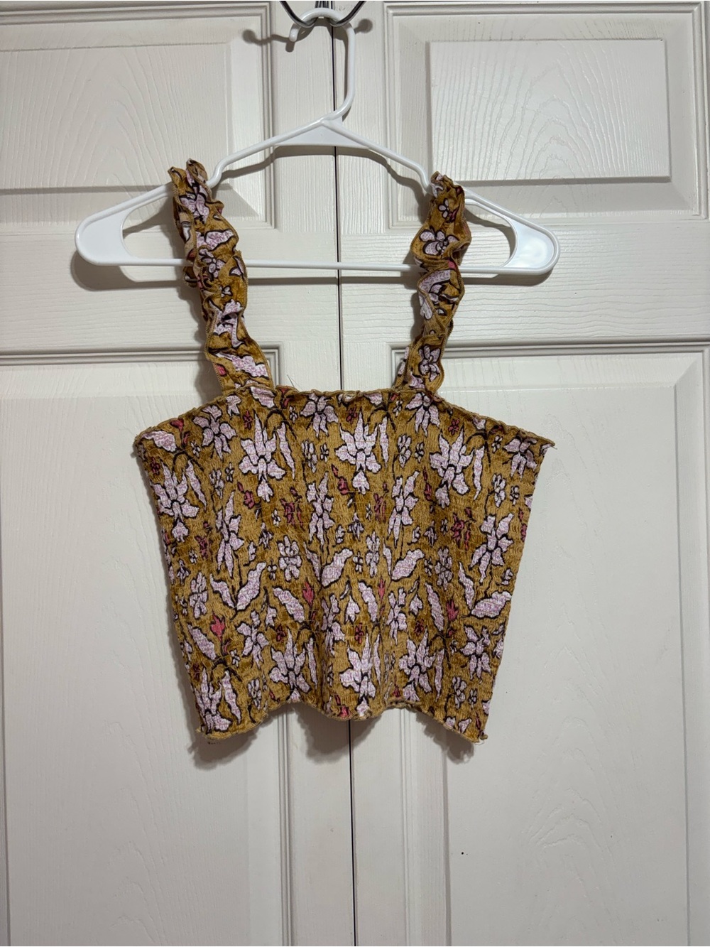 aerie Mustard Floral Ruffle Strap Crop Tank